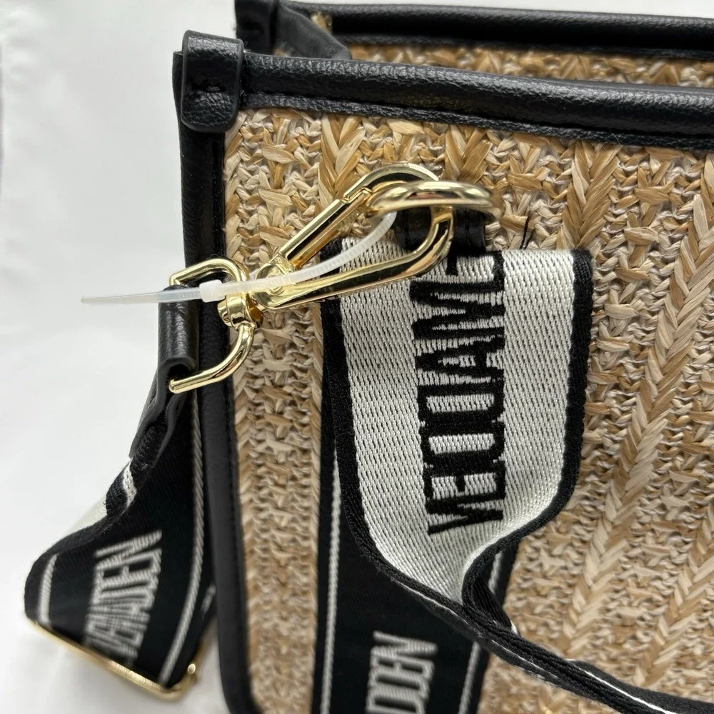 Steve Madden Womens Black Bwebber Straw Satchel Crossbody Purse Bag Earbud Case‎